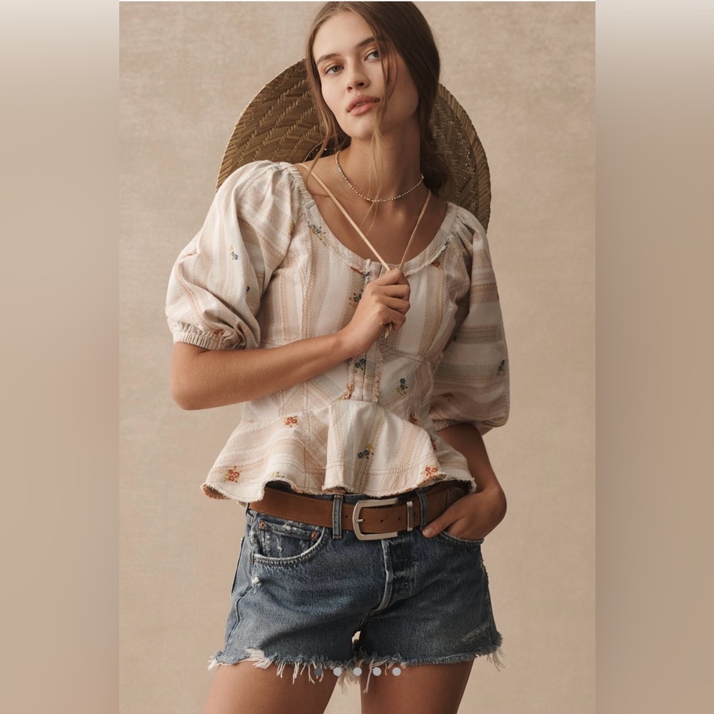 PILCRO PUFF-SLEEVE PEPLUM BLOUSE -Size M